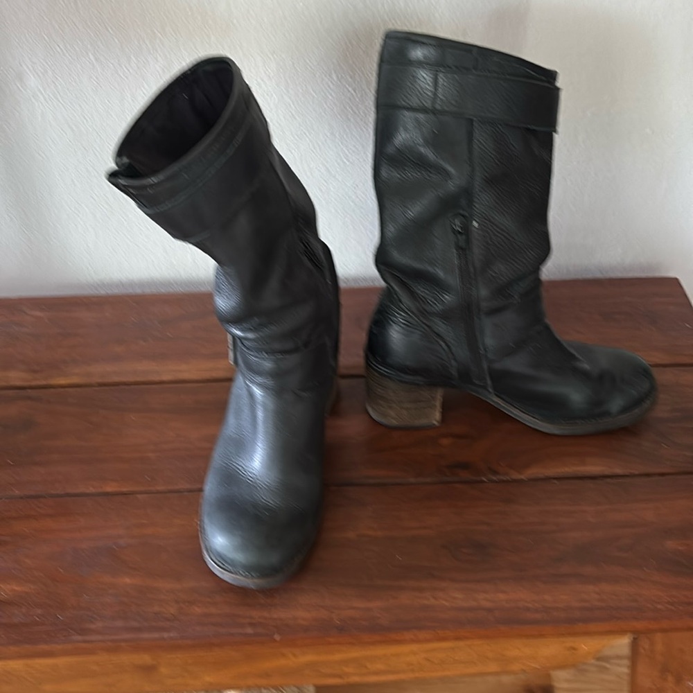 Black leather calf length boot